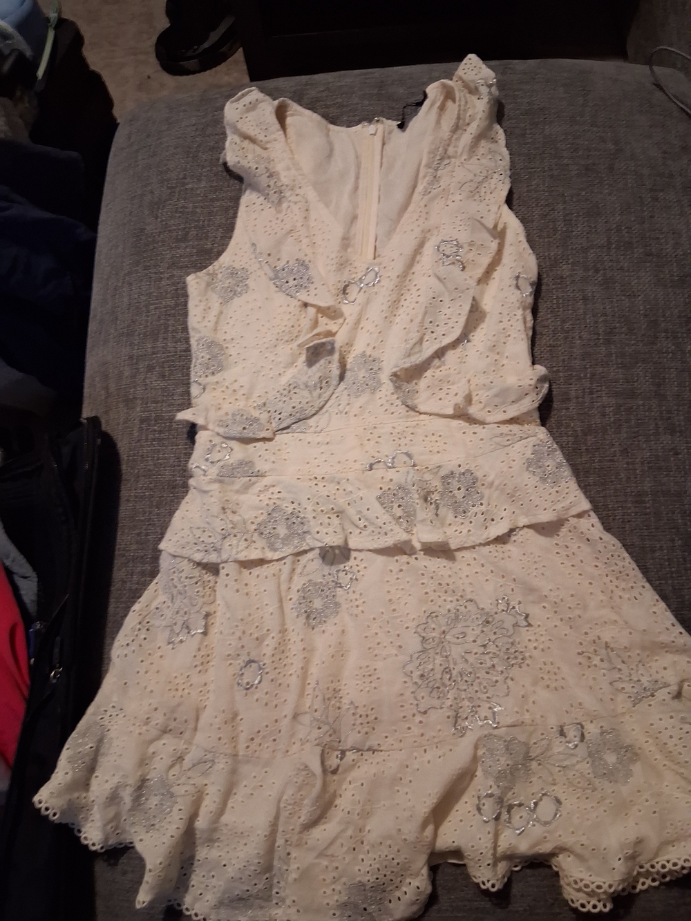 Love Sam Cream Eyelet Ruffle Mini Dress with Silver Floral Embroidery